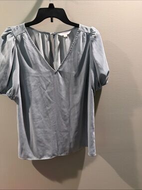 LC Lauren Conrad Powder Blue V-Neck Puff Sleeve Blouse